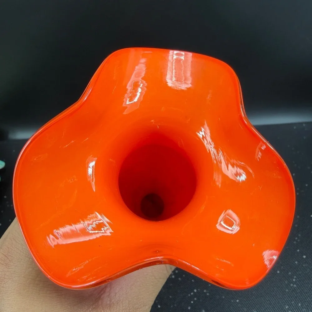 Vintage Czech Art Glass Ruffled Vase Orange Bohemian Mid Century Modern 8in
